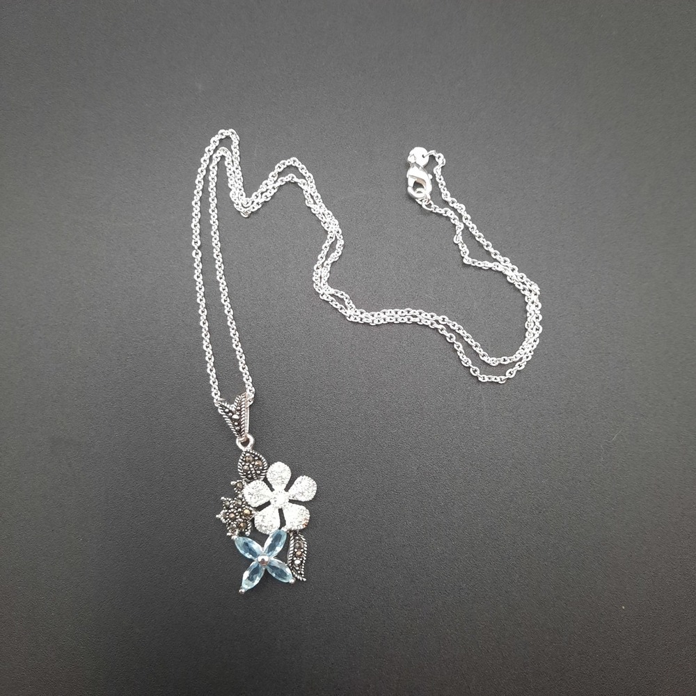 Sterling Silver Floral Pendant Necklace‎ with Blue Topaz & Marcasite – CW Marked